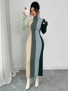 SHEIN Elenzya 女士撞色高领针织修身中长连衣裙，优雅时尚，适合秋冬季穿着 - 彩色 - 查看 1