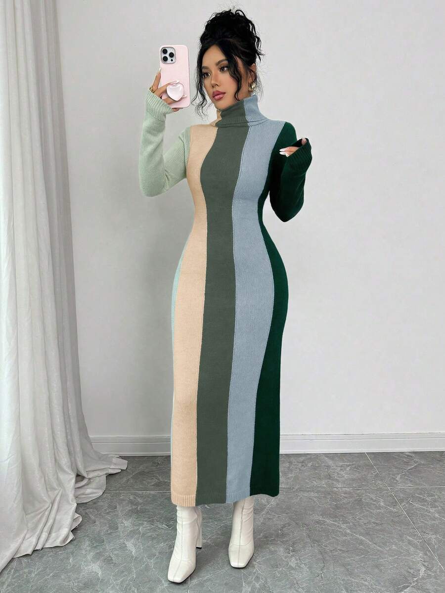 SHEIN Elenzya 女士撞色高领针织修身中长连衣裙，优雅时尚，适合秋冬季穿着 - 彩色 - 查看 1