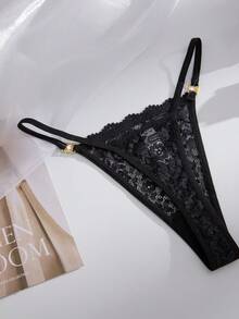 SHEIN 14件套性感蕾丝花卉女士丁字裤，饰有奢华钻石装饰 - 黑色 - 查看 5
