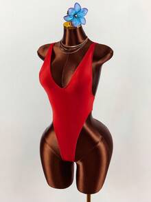 Amplova 女士深V领性感露背连体泳衣，高衩超性感丁字裤泳装 - 紅色 - 查看 7