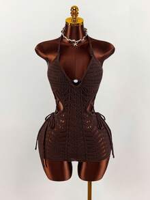 Amplova Women's Crochet Beaded Dress, Sexy And Avant-Garde, Suitable For Vacation Outfit, Sexy Hollow Boho Style - Brown - View 6