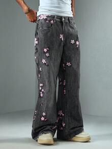 ROMWE MEN Street Life Men's Floral Pattern Pocket Wide Leg Loose Casual Jeans - Black - View 4