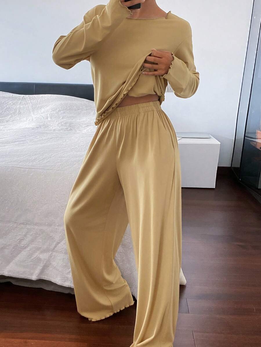 DAZY 波浪下摆简约针织女式睡衣套装 - 黃色 - 查看 1