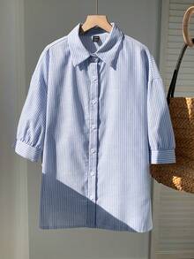 SHEIN EZwear Women's Striped Printed Single-Breasted Casual Medium Sleeve Shirt - Blue - View 3