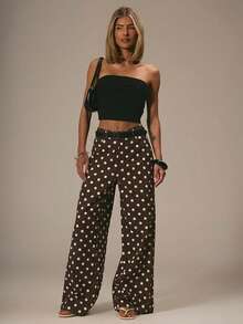MUSERA Vaqueros rectos de tiro medio, elegantes y casuales con lunares, ideales para primavera y verano, vacaciones en Ibiza, vuelta al colegio, oficina o fiestas - Marrón Chocolate - Ver 6