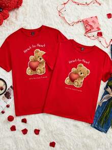 Manfinity Homme Fashionable Casual Bear Hug Heart Print Men's Slim Fit Short Sleeve T-Shirt, Essential For Dates And Gatherings, Suitable As Gift For Boyfriend - Red - View 2