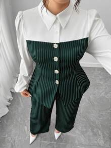 Elenzga 大码女式条纹撞色珍珠纽扣衬衫和裤子两件套，优雅通勤装 - 墨綠色 - 查看 1