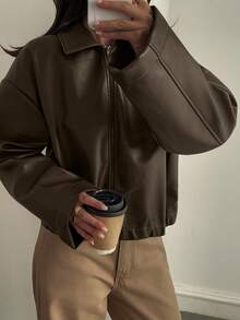 Livesso 女士宽松休闲仿皮夹克，常规版型，秋冬季