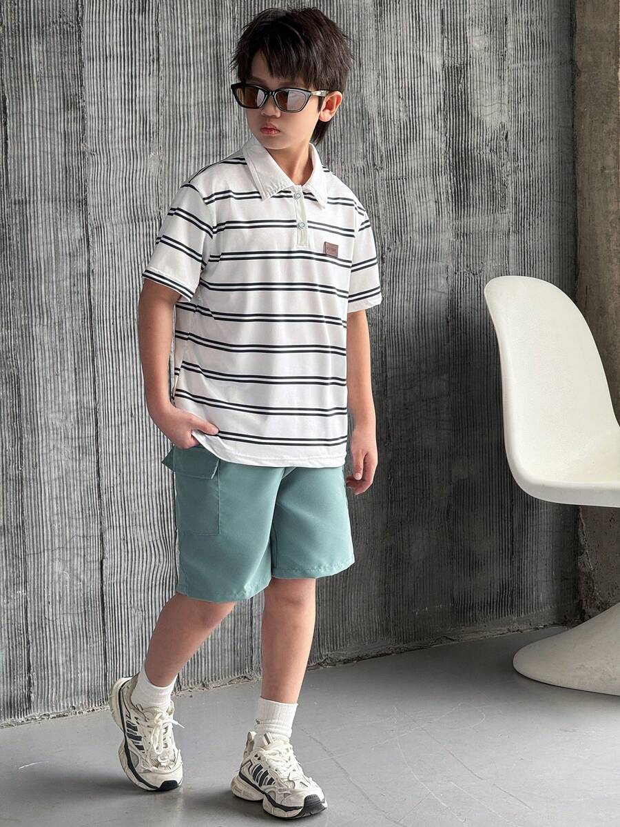 Mirajuku Set de 2 piezas con polo de rayas y pantalón corto de manga corta para niños, conjunto deportivo casual adecuado para uso diario en verano - Multicolor - Ver 1