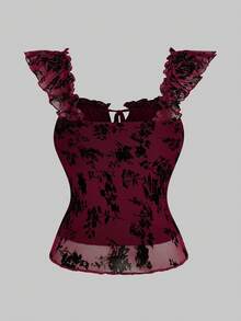 Sweetra Gothic Style Women Top, Floral Flocked Fabric, Ruffle Trim - Burgundy - View 2