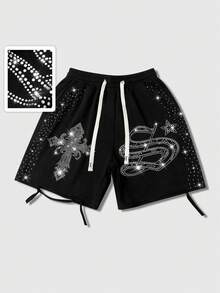 ROMWE MEN Men's Fashionable Distressed Rhinestone Embellished Shorts - Black - View 3