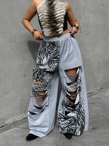 POPSWAY Plus Size Women's New Leopard Print Distressed Loose Punk Y2K Casual Sweatpants, Elastic Waist Sports Pants, Suitable For Spring And Autumn, Daily Wear - Grey - View 3