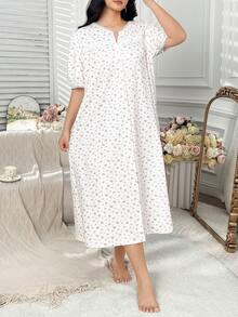 Dazy Plus 大码女式蕾丝拼接碎花可爱收腰长款睡裙，短袖春夏睡衣 - 白色 - 查看 7