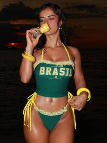 Swim SXY Women's Camisole Bikini Top, Yellow & Green Brazil/Jamaica Flag Print, Beach Vacation Party Outfit, Sexy Lace Spaghetti Strap - Multicolor - View 5