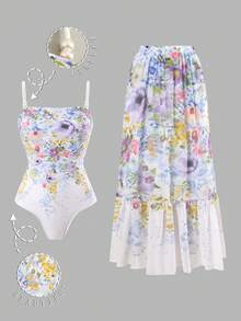 Swim Oasis Women's One-Piece Swimsuit With Square Neck, Spaghetti Strap, Mesh Skirt, Elegant & Casual Style For Vacation - Multicolor - View 1