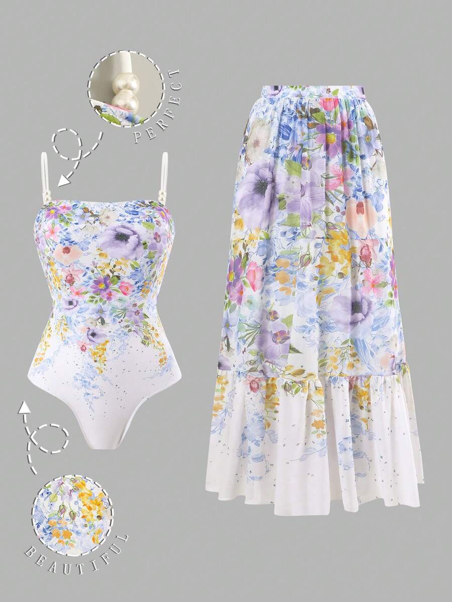 Swim Oasis Women's One-Piece Swimsuit With Square Neck, Spaghetti Strap, Mesh Skirt, Elegant & Casual Style For Vacation - Multicolor - View 1