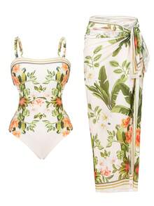Swim Oasis 2件套女士秋季新款定位印花可拆卸宽肩带连体泳衣，带网纱裙摆，性感优雅度假风简约派对圣诞连体泳衣 - 彩色 - 查看 6