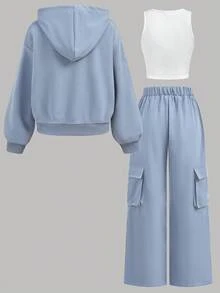 Áo nỉ trùm đầu họa tiết ngôi sao mát mẻ dành cho bé gái tuổi teen, áo ba lỗ cổ tròn và quần túi hộp - Màu xanh bụi bặm - Xem 2