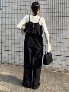 FRIFUL 女士荷叶边下摆纯色露背连体裤，宽松版型，春季款 - 黑色 - 查看 4