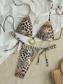 Swim SXY 2pcs/Set 2026 Asian Vacation Beach Pearlescent Leopard Print Fabric Backless Halter Tie Bikini Top & Low Waist Tie Sexy Thong Bottoms, Sexy Beach Party Swimsuit - Multicolor - View 7