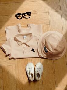 SHEIN 2pcs/Set Newborn Baby Boy/Girl Comfortable Casual Collegiate Horse Print White Short Sleeve Polo Romper And Sun Hat Set, Suitable For Indoor, Outdoor, Daily, Sports, Play, Party, Photo Shoot, Holiday, Spring/Summer - Khaki - View 6