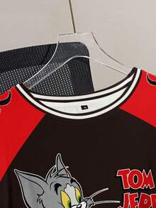 TOM & JERRY X SHEIN Plus Size Letter & Cartoon Graphic Color Block Round Neck Short Sleeve T-Shirt - White - View 3