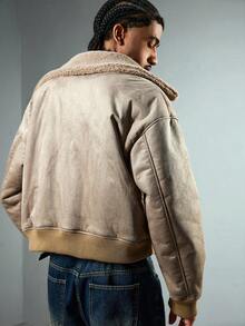 ROMWE MEN Street Life Men's Solid Color Minimalist Everyday Zip-Up Warm Long Sleeve Jacket Coat - Brown - View 2