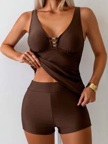 SHEIN Swim Conjunto de bikini casual de vacaciones en la playa para mujer con parte superior de tankini con volantes y tirantes gruesos de unicolor y Bottom de short alto, primavera/verano - Café integral - Ver 2