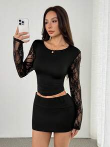 SHEIN PETITE Women's Summer Lace Panel Mesh Fashion Sexy T-Shirt - Black - View 6