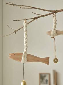 Madebyblanc 1pc Mediterranean-Style Wall Decorations, Fish Hangers, Solid Wood Cotton Ropes, Small Fish Bells, Wind Chimes, Creative Wall Home Furnishings, Suitable For Rural And Farm Wall Wooden Door Decoration - Multicolor - View 1