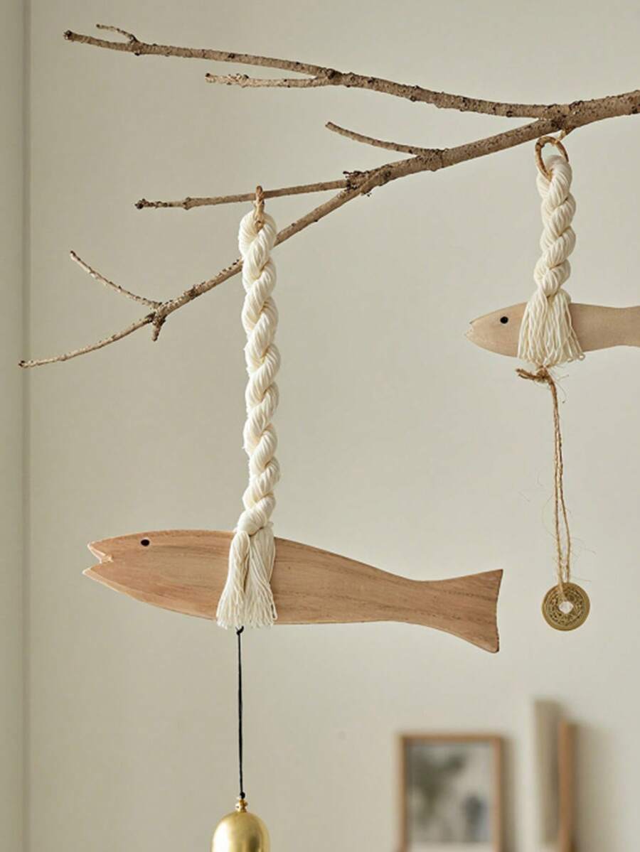 Madebyblanc 1pc Mediterranean-Style Wall Decorations, Fish Hangers, Solid Wood Cotton Ropes, Small Fish Bells, Wind Chimes, Creative Wall Home Furnishings, Suitable For Rural And Farm Wall Wooden Door Decoration - Multicolor - View 1