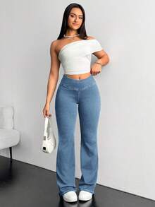 Flexra Plus Size Solid Color Casual Elastic Jeans Flared Leggings For Women Stretchy Jeans Pants Flare Leg Flared Sweatpants - Blue - View 3