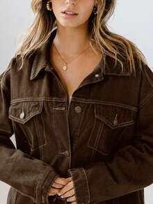 Aralina 经典纽扣式落肩休闲牛仔夹克 - 巧克力棕 - 查看 7