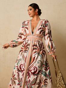 Travachic 大码女式印花连衣裙，V领长袖长裙，蓝棕色 - 彩色 - 查看 7