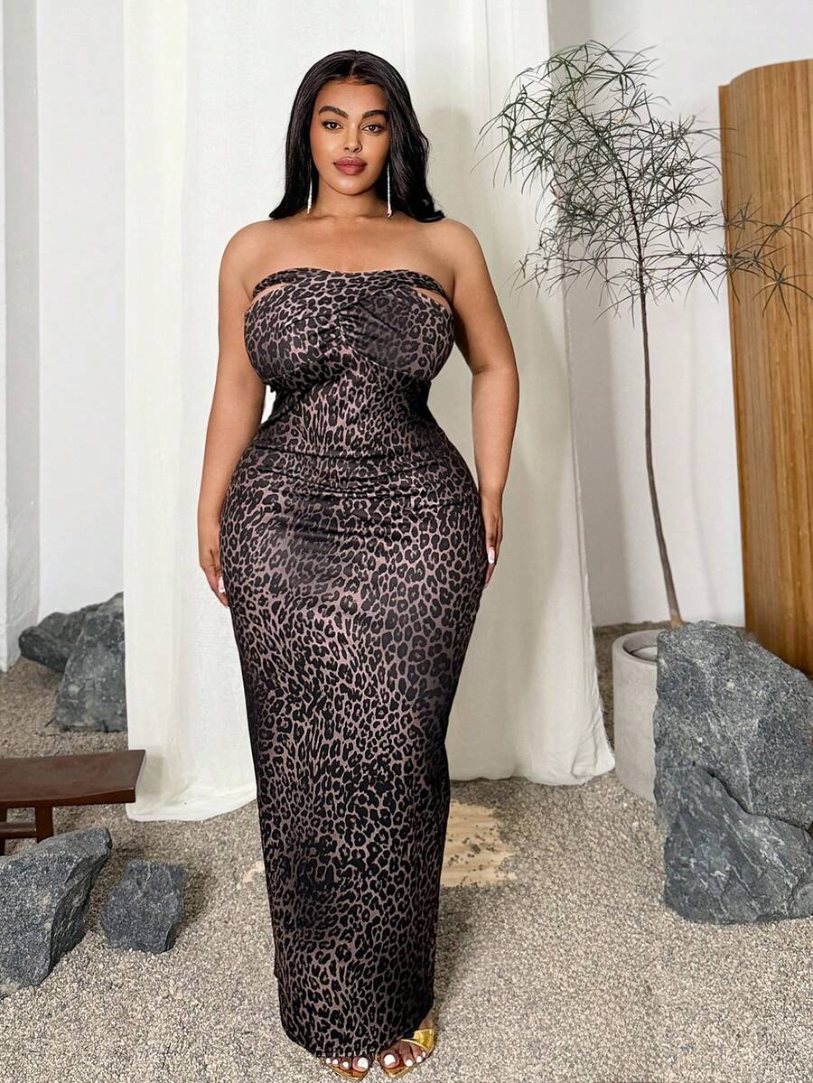 Maweii Plus Size Fashionable Sexy Leopard Print Hollow Out Dress - Black - View 1
