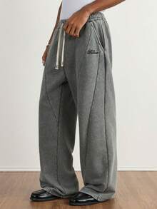 TOKVUE 复古棉质面料男士个性化艺术文字印花阔腿裤，松紧腰针织运动裤，复古手写印花，复古水洗面料，街头风，春秋冬街头服饰，男装，说唱歌手，男友礼物 - 深灰色 - 查看 5