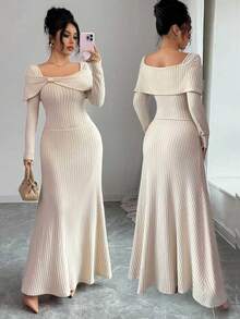 Selianne New Autumn/Winter Women's Fuzzy Ribbed Bow Collar Elegant Long Dress - Apricot - View 1