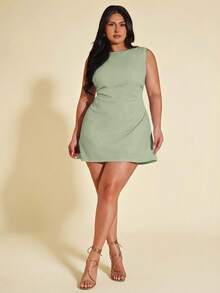 SHEIN BAE 大码女式红色褶皱迷你连衣裙，优雅沙滩度假连衣裙，适合春夏穿着 - 薄荷綠 - 查看 6