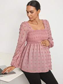 MaterniWear 孕妇纯色褶皱方领灯笼袖荷叶边下摆时尚衬衫 - 藕粉色 - 查看 3