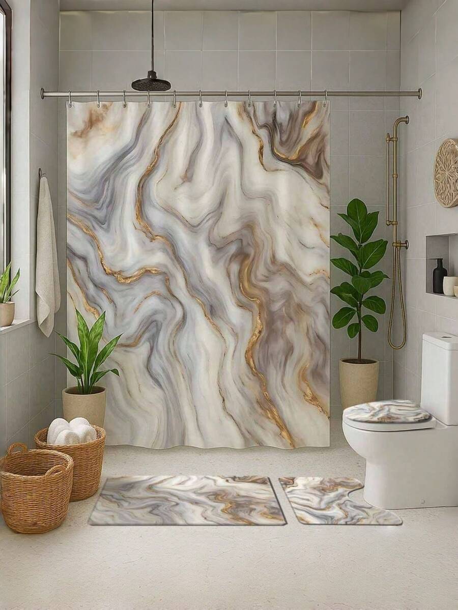 四件套大理石纹印花浴帘套装，带挂钩，白色/灰色主题，涤纶防水浴室装饰，易于清洁，时尚百搭，可作窗帘、遮阳帘、浴帘，可机洗，浴室配件 - 彩色 - 查看 1