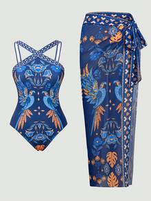 Swim Oasis 2件套女士秋季新款定位印花交叉绑带连体泳衣，配长款网纱裙，性感优雅度假简约派对圣诞连体泳衣 - 彩色 - 查看 4
