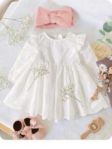 SHEIN LMoss Kids 女婴可爱优雅白色花卉刺绣荷叶边连衣裙 - 白色 - 查看 6