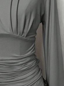 EgrlEra 女士休闲纯色褶皱腰长袖T恤 - 灰色 - 查看 3