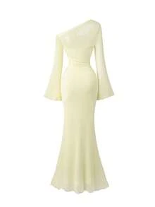 Modelyn Cream-Colored Asymmetric-Shoulder Hollow-Out Mesh Dress - Butter Yellow - View 2