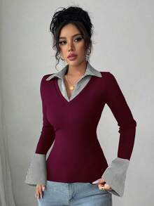 SHEIN Raffinéa 条纹印花撞色女士简约V领Polo衫，弹力底修身，适合休闲、俱乐部、商务、音乐会、办公室等场合，尽显老钱风范。采用高弹超柔软舒适亲肤罗纹针织面料，打造修身包臀造型，日常穿着性感休闲，适合派对、街头、度假、旅行、约会等各种场合，春夏秋冬新款钟形长袖T恤。 - 酒紅色 - 查看 5