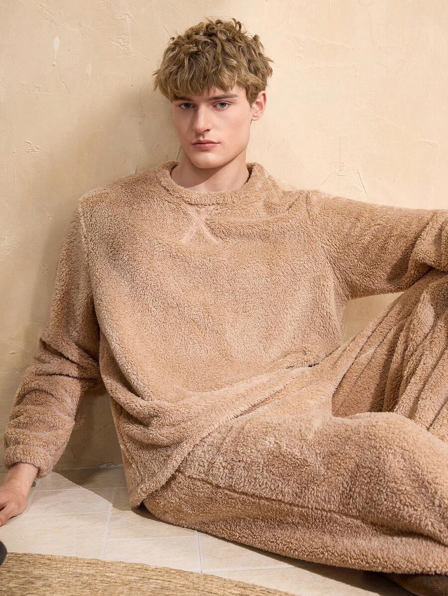 EverLounge 男士舒适毛绒家居服套装 - 卡其色 - 查看 1