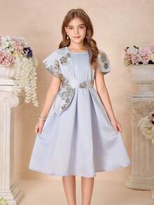 Pitira 少女派对礼服蓝色编织网纱提花缎面拼接可爱泡泡袖腰身中长连衣裙，优雅公主风，适合正式场合、派对、生日、日常穿着、节日、家庭聚会、姐妹情谊，可爱复古时尚，返校季必备 - 藍色 - 查看 3