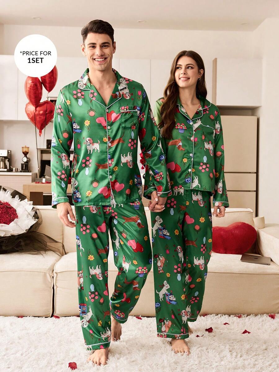 CoupledUp Men's Casual Funny Cute Valentine's Day Sausage Dog, Heart, Balloon, Flower Print Lapel Long Sleeve Satin Couple Pajama Set - Green - View 1