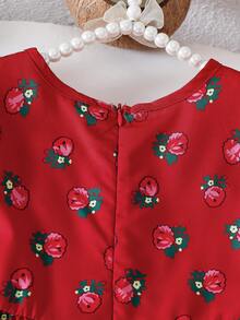 Mädchen beliebtes Kleid mit Rosen-Blumen-Mesh-Spitze-Patchwork, geeignet für Frühling/Sommer, weich & bequem, Mesh-Spitze-Patchwork-Design, rotes Rosen-Muster, Schleifen-Dekor, lässig elegant, geeignet für Ausflüge, Lässig-Anlässe - Violett - Übersicht 4