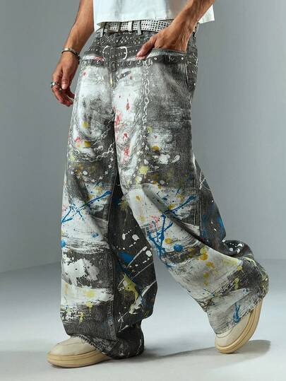 Street Life Herren Mode Digital bedruckte Jeans mit gebogener Beinform